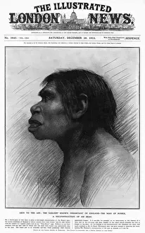 Prints of An illustration of The earliest known inhabitant of England, based upon the fragments of skull and jawbone supposedly discovered in a gravel pit at Piltdown, East Sussex, England Orangutan Prints: Piltdown Man Print: A Hoax Exposed, 1912