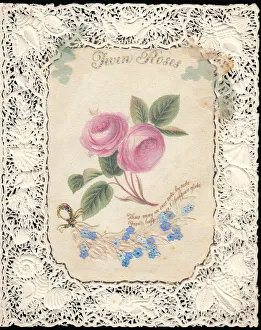 Pink and blue flowers on a paper lace romantic card Pink and blue flowers on a paper lace romantic card
