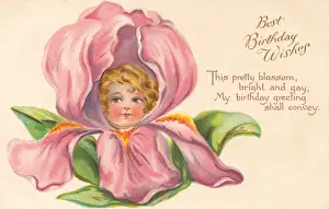 Pink Iris Flower Faces Birthday Print, circa 1908