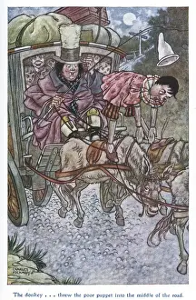 Prints of Pinocchio -- The donkey threw the poor puppet into the middle of the road. Date: 1911 Pinocchio Prints: Pinocchio Print - Donkey Throws Puppet into Road, 1911