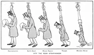 Prints of An image illustrating the introduction of hand straps on underground trains. When straps were added to underground railway carriages in the early 1900s, there was an outcry among travellers Underground Prints: Early 1900s London Underground Hand Strap Introduction Print