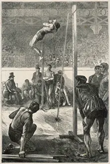 Prints of Athletics meeting at the Agricultural Hall, Islington - vaulting the pole Islington Prints: Pole Vault Print, 1871 Athletics Meeting at Islington