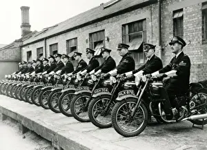 Prints of A long line of Metropolitan Police officers on their motor cycles. Date: circa 1940s Police Prints: Metropolitan Police Motor Cycle Print circa 1940s