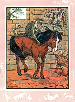 Vintage Children's Books Prints: A pony with a monkey on its back