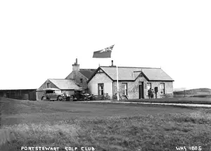 Prints of Portstewart Golf Club - a view of the building with two people and motor cars outside. (Location: Northern Ireland; County Londonderry; Portstewart). Date: circa early 1900s Sport Prints: Portstewart Golf Club Print, Early 1900s