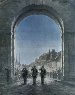 Prints of Buglers sounding the Last Post at 9pm before the British monument to fallen soldiers at Ypres, the Menin Gate. Date: 1930 Historical Event Prints: The Last Post Print: Buglers at Ypres' Menin Gate, 1930