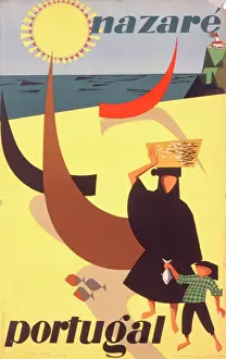 Prints of Poster advertising the seaside town of Nazare in Portugal featuring a blazing sun, yellow sand, a Portuguese lady dressed all in black with a basket on her head, and a boy with a fish Portugal Prints: Nazare Portugal Print: Seaside Town Advertising Poster