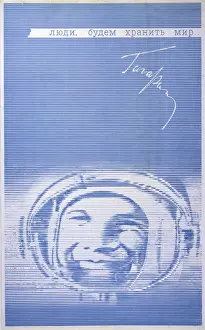 Prints of MEN AND WOMEN, LET US SAFEGUARD PEACE ! Cosmonaut Gagarin is permitted to utter a politically innocuous statement Space Exploration Prints: Gagarin Safeguards Peace Print