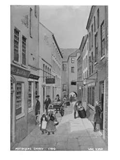 Prints of Pottingers Entry, 1790 - a copy of an engraving(unsharp) with people and buildings. (Location: Northern Ireland: County Antrim: Belfast). Date: circa early 1900s Map Prints: Belfast Print: Pottingers Entry, circa early 1900s