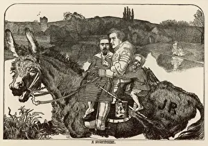 Prints of Millais, Rossetti and Hunt ride a donkey monogrammed JR (Ruskin) - a mischievous parody of Millais painting Sir Isumbras at the ford Related Prints: Print of Preraphaelites Mocked Riding a Donkey