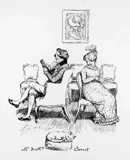 Mrs Bennet turns to speak to her husband in a print of Pride & Prejudice