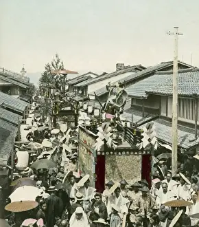 Colour woodblock Print of a Japanese procession
