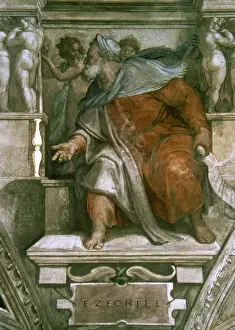 Prints of Ezekiel (622-570 BC). Hebrew prophet. Portrait. Fresco by Michelangelo. Sistine Chapel ceiling. 1508-1512. Apostolic Palace. Vatican City Fresco Prints: Ezekiel Portrait Print - Sistine Chapel Fresco