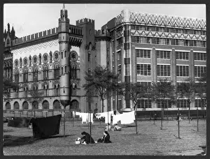 Prints of The only public laundry Drying Ground in Scotland, on Glasgow Green. Behind is the John Templeton carpet factory, designed after the Doges Palace, Venice Historic Landmark Prints: Public Drying Ground Print, Glasgow Green