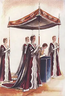 Queen Elizabeth Coronation Prints: The Queen and her canopy bearers