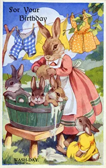 Rabbits Wash-Day - Birthday Greetings Postcard Date: 1944 Rabbits Wash-Day - Birthday Greetings Postcard Date: 1944