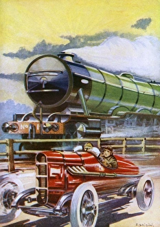 Race - steam train and racing car, 1920s Race - steam train and racing car, 1920s