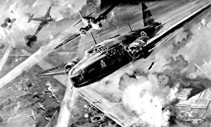 Prints of Illustration showing Royal Air Force Wellington bombers attacking the German airfield at Stavanger, Norway, during April 1940 Norway Prints: RAF Wellington Bombers Attacking Stavanger Airfield Print