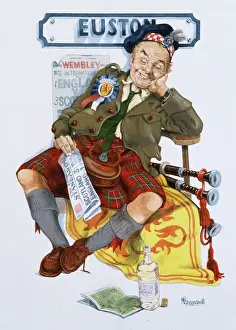 Prints of The Railway Sleeper series - A snoozing Scottish football fan at Euston Station awaiting his return train back north of the border. Painting by Malcolm Greensmith S Prints: Railway Sleeper Print - Euston Station Scene