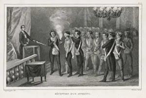 Prints of An blindfolded apprentice is received into a French Masonic Lodge : he bares his right leg as part of the ceremony Cultural Festivals And Tradition Prints: Blindfolded Apprentice in French Masonic Lodge Print