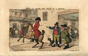 Regency gentleman riding a prancing horse in a town street Regency gentleman riding a prancing horse in a town street