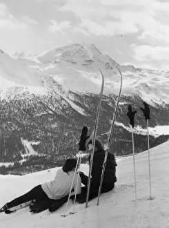 Resting Skiers Print, 1960s Swiss Landscape
