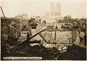 Prints of Rheims city view with cathedral in the background during World War I Reims Prints: Rheims City View Print with Cathedral during WWI