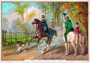 Riders, horses and dogs on a New Year card Riders, horses and dogs on a New Year card