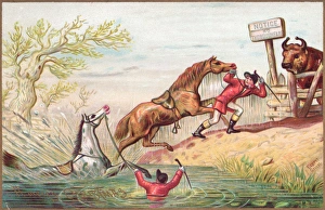 Riders and horses in the water on a Christmas card Riders and horses in the water on a Christmas card