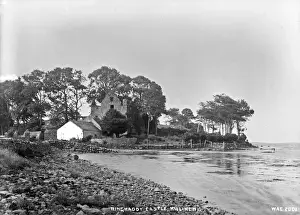 Prints of Ringhaddy Castle, Killinchy - a view along the Lough shore to the Castle and other buildings. (Location: Northern Ireland; County Down; Killinchy). Date: circa early 1900s Castle Prints: Ringhaddy Castle Print - Early 1900s, County Down