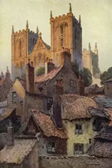 Prints of Ripon Minster, Yorkshire, seen above the rooftops of the old city. Date: circa 1909 Ripon Prints: Ripon Minster Print, Yorkshire circa 1909