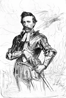 Prints of ROBERT FLINT Scottish philosopher, depicted as an armed knight, drawing his sword from its scabbard... Date: 1838 - 1910 Flint Prints: Robert Flint Print: Armed Knight Drawing Sword, 1838-1910