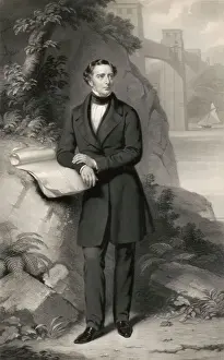 Prints of ROBERT STEPHENSON Engineer and designer of the Menai Bridge Depicted leaning against a rock with the bridge in the background Anglesey Prints: Robert Stephenson Print: Menai Bridge Engineer