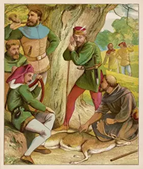 Prints of Robin and his Merry Men hunting in Sherwood forest Nottinghamshire Prints: Robin Hood and Merry Men Hunting in Sherwood Forest Print