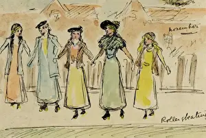 Roller Skating Ink and Watercolour Print circa 1893