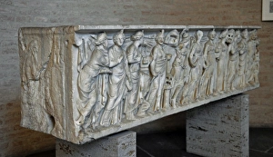 Roman sarcophagus. About 180 AD. Athena, Apollo and the nine Roman sarcophagus. About 180 AD. Athena, Apollo and the nine