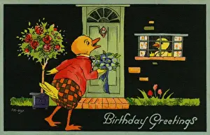 Romantic Duck Birthday Card Print circa 1925