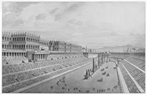 Prints of Restoration by Canina of the Circus Maximus in its heyday : a chariot race is in progress and the slopes are thronged with spectators. The Imperial Palace is on the left Muridae Prints: Print of the Circus Maximus in Ancient Rome