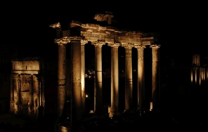 Rome. Roman Forum. Night view of the Temple of Saturn Rome. Roman Forum. Night view of the Temple of Saturn