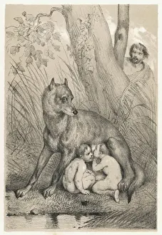 Print of Romulus and Remus suckled by a wolf