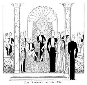 Prints of The Rotunda at the Ritz Hotel with revellers milling around and chatting. Date: 1926 Entertainment Prints: The Rotunda at the Ritz Hotel Print, 1926