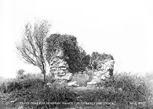 Prints of Round Tower of the Nendrum, Mahee Island, Strangford Lough - a view of a derelict and ivy covered remnant of a tower. (Location: Northern Ireland: County Down: Mahee Island). Date: circa early 1900s Down Prints: Round Tower of Nendrum, Mahee Island Print - Early 1900s