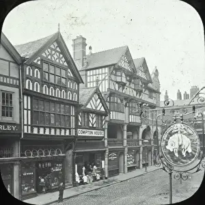 Prints of The Rows, Chester - part of timbered Buildings. Part of Box 12 Boswell collection. Counties of England. Date: circa 1900 Chester Prints: The Rows, Chester Print - Timbered Buildings circa 1900