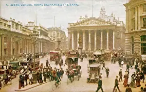 Prints of The busy crossroads at the Royal Exchange, in the City of London, with carts, motor- buses and both horse- and motor-cabs; the Bank of England is on the left City Of London Prints: Royal Exchange Print, City of London Street Scene