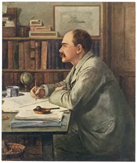Prints of English writer, Rudyard Kipling (1865-1936) working at his desk K Prints: Rudyard Kipling Print at Desk