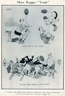 Prints of Cartoon, More Rugger Trials. Good head and tail work and clever footwork in the scrum. Please note: Credit must appear as Courtesy of the Estate of Mrs J.C.Robinson/Pollinger Ltd/ILN/Mary Evan Heath Robinson Prints: More Rugger Trials Print: 1920s Rugby Humour