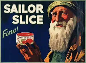 Prints of An advertisement for Sailor Slice tinned salmon. A tin of the stuff is held up by an old fisherman - Fine S Prints: Sailor Slice Tinned Salmon Print, c. 1950s