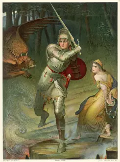 Saint George Print: Armoured Saint Flanked by Dragon and Chained Princess