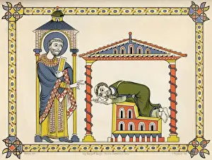Saint Germain & Heldric Print - 496-576 AD Engraving