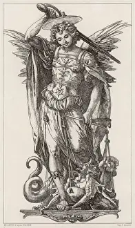 Prints of SAINT MICHAEL, the warrior angel, has weighed the devil in his scales and found him wanting; so now he raises his sword to slay him. Alas, Satan will not stay dead Pitheciidae Prints: Saint Michael Print, a depiction of the warrior angel
